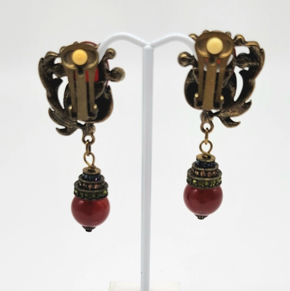 Heidi Daus Carnelian and Multicolor Swarovski Crystal Clip on Dangle Earrings - Picture 7 of 11